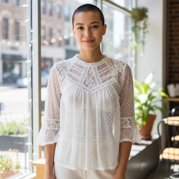 Free People Lace Top Women Sze Medium Ivory White Boho Romantic Sheer Dot Blouse - Picture 2 of 14